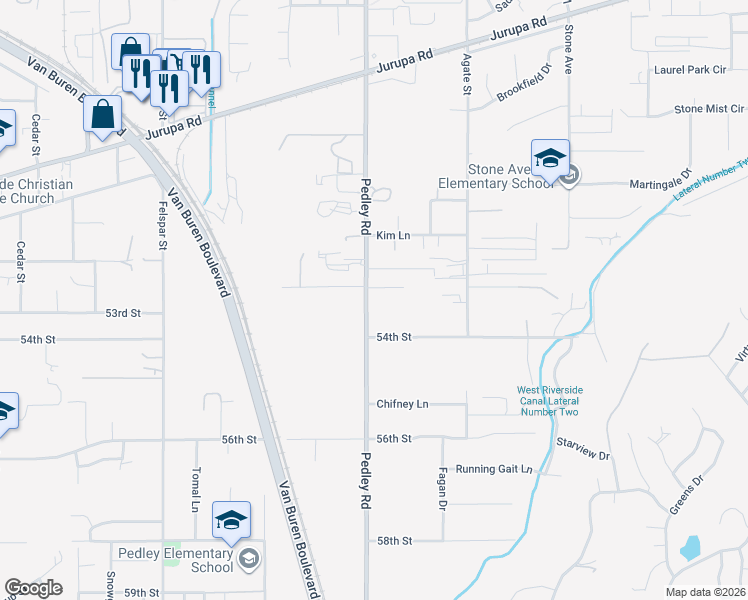 map of restaurants, bars, coffee shops, grocery stores, and more near 5334 Pedley Road in Riverside