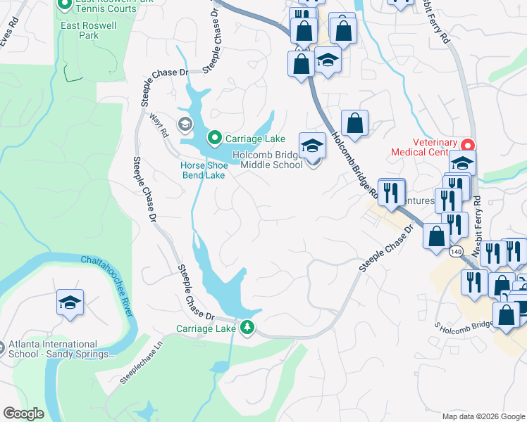 map of restaurants, bars, coffee shops, grocery stores, and more near 105 Morning Bird Court in Roswell
