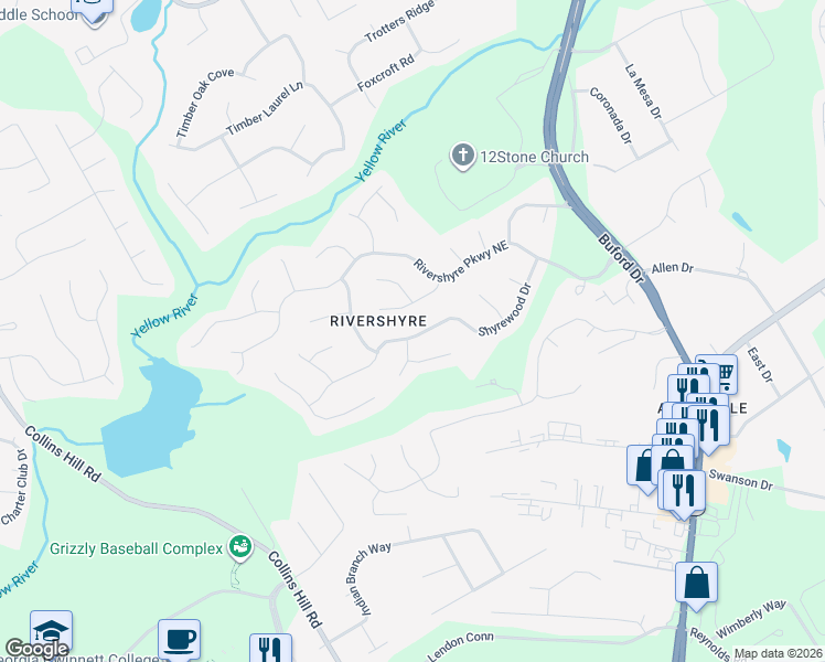 map of restaurants, bars, coffee shops, grocery stores, and more near 290 Shyrewood Drive in Lawrenceville