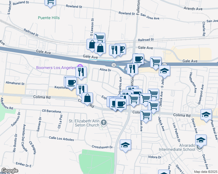 map of restaurants, bars, coffee shops, grocery stores, and more near 18132 Los Palacios Drive in Rowland Heights