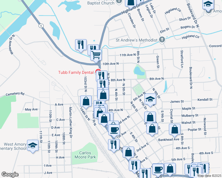 map of restaurants, bars, coffee shops, grocery stores, and more near 302 7th Avenue North in Amory