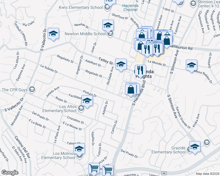 map of restaurants, bars, coffee shops, grocery stores, and more near 15668 Dodrill Drive in Hacienda Heights