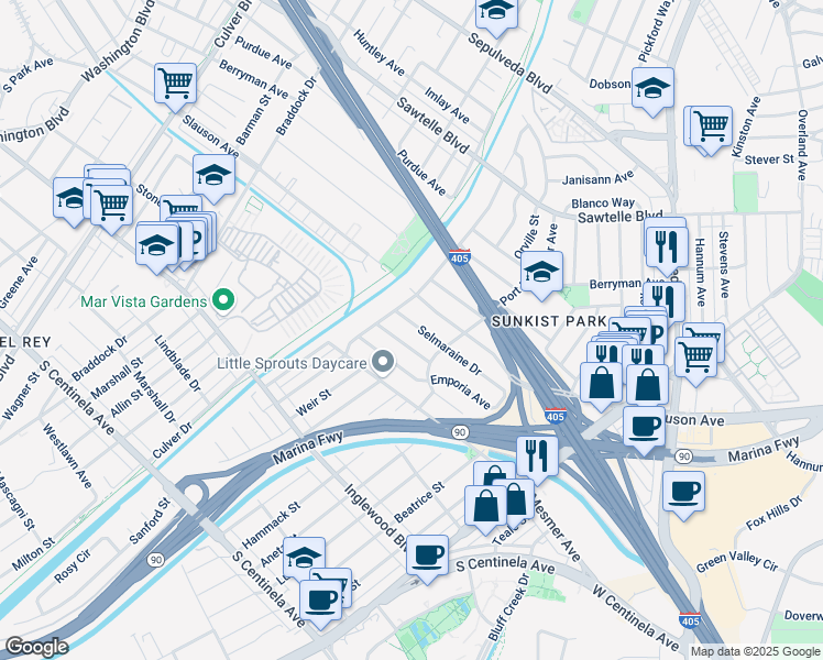 map of restaurants, bars, coffee shops, grocery stores, and more near 5195 Selmaraine Drive in Culver City