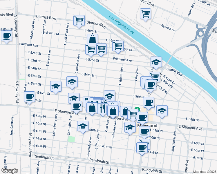 map of restaurants, bars, coffee shops, grocery stores, and more near 4114 East 55th Street in Maywood