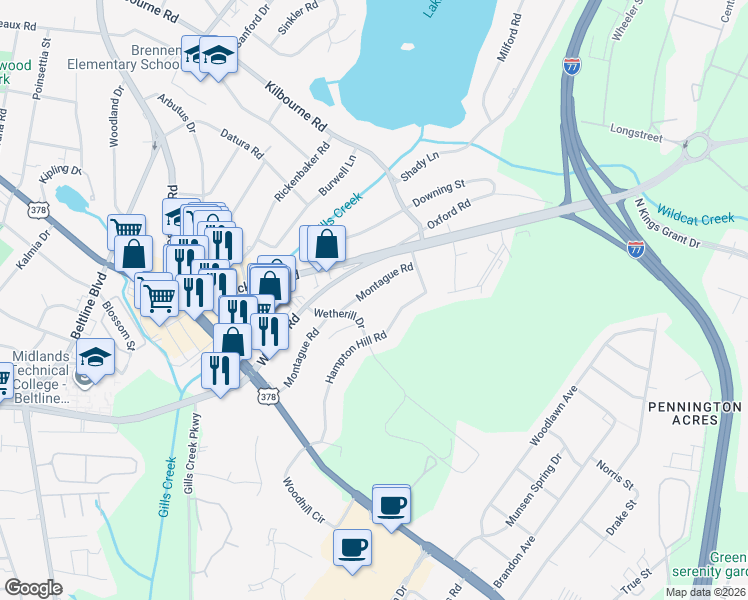 map of restaurants, bars, coffee shops, grocery stores, and more near 920 Montague Road in Columbia