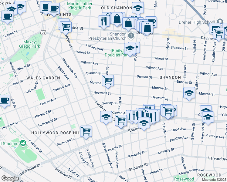 map of restaurants, bars, coffee shops, grocery stores, and more near 2517 Heyward Street in Columbia