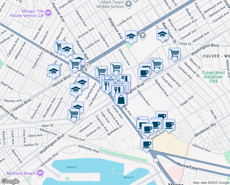 map of restaurants, bars, coffee shops, grocery stores, and more near 2567 Walnut Avenue in Los Angeles