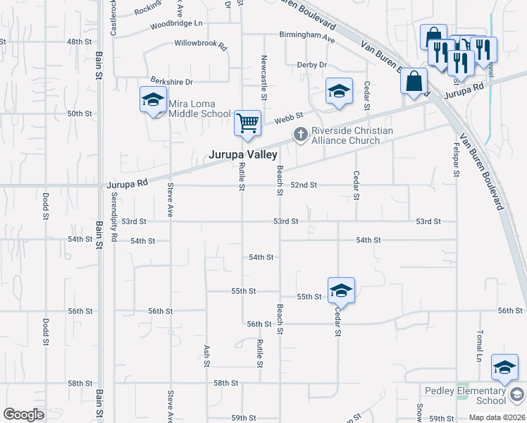 map of restaurants, bars, coffee shops, grocery stores, and more near 5320 Rutile Street in Riverside