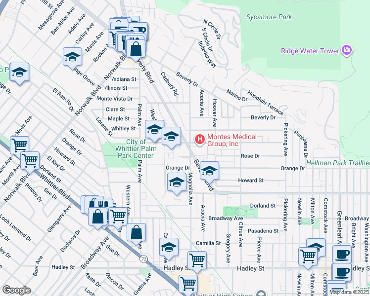 map of restaurants, bars, coffee shops, grocery stores, and more near 11716 Floral Drive in Whittier