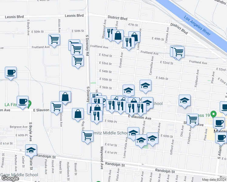 map of restaurants, bars, coffee shops, grocery stores, and more near 3554 East 56th Street in Maywood