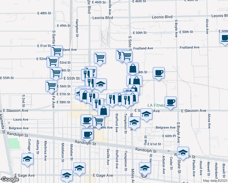 map of restaurants, bars, coffee shops, grocery stores, and more near 2701 East 57th Street in Huntington Park