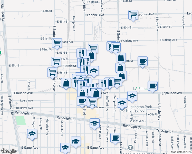 map of restaurants, bars, coffee shops, grocery stores, and more near 2629 East 57th Street in Huntington Park