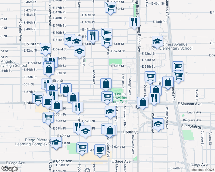 map of restaurants, bars, coffee shops, grocery stores, and more near 1487 East 57th Street in Los Angeles