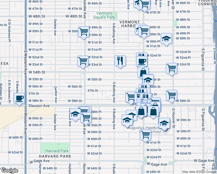 map of restaurants, bars, coffee shops, grocery stores, and more near 1201 West 56th Street in Los Angeles