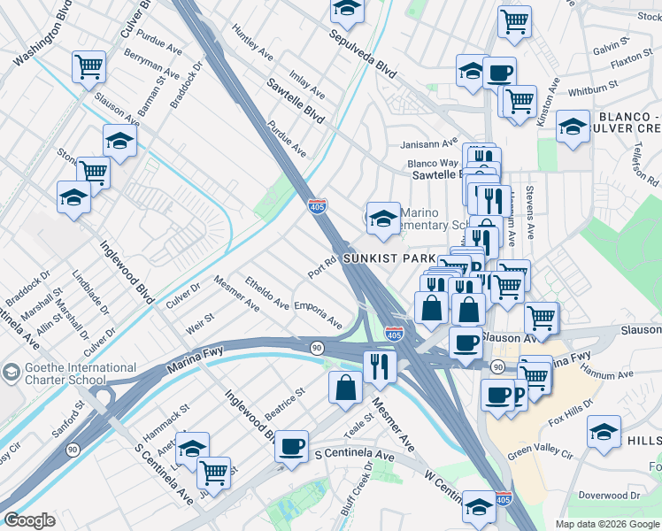 map of restaurants, bars, coffee shops, grocery stores, and more near 11550 Port Road in Culver City