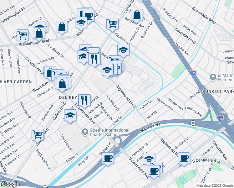 map of restaurants, bars, coffee shops, grocery stores, and more near 12026 Marshall Street in Culver City