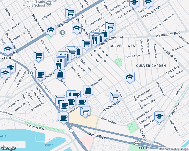 map of restaurants, bars, coffee shops, grocery stores, and more near 4131 Michael Avenue in Los Angeles