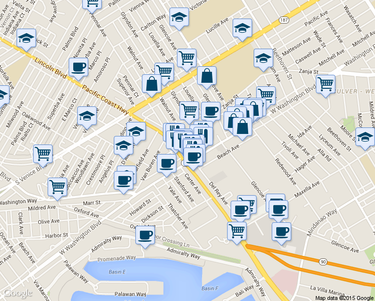 map of restaurants, bars, coffee shops, grocery stores, and more near 2567 Walnut Avenue in Los Angeles