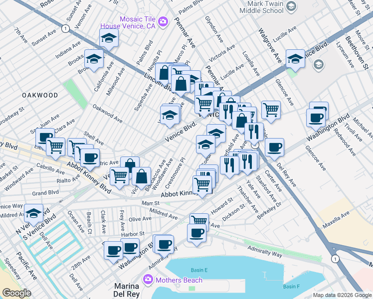 map of restaurants, bars, coffee shops, grocery stores, and more near 817 Crestmoore Place in Los Angeles