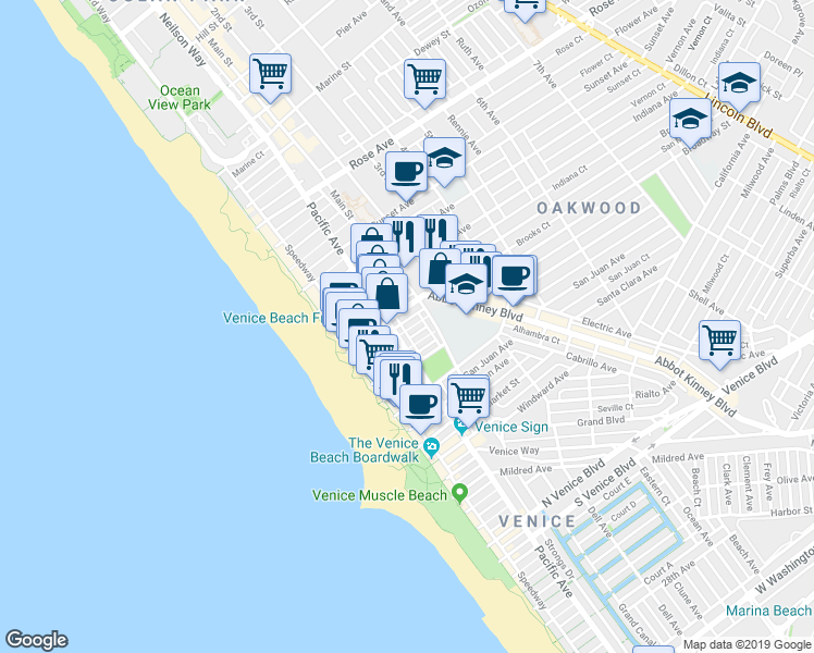 map of restaurants, bars, coffee shops, grocery stores, and more near 115 Breeze Avenue in Los Angeles