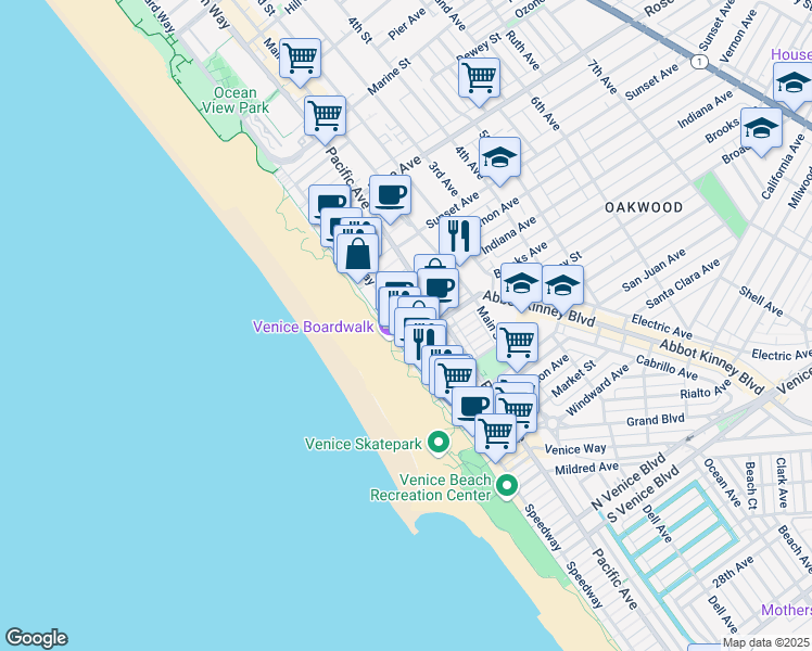 map of restaurants, bars, coffee shops, grocery stores, and more near 719 Ocean Front Walk in Los Angeles