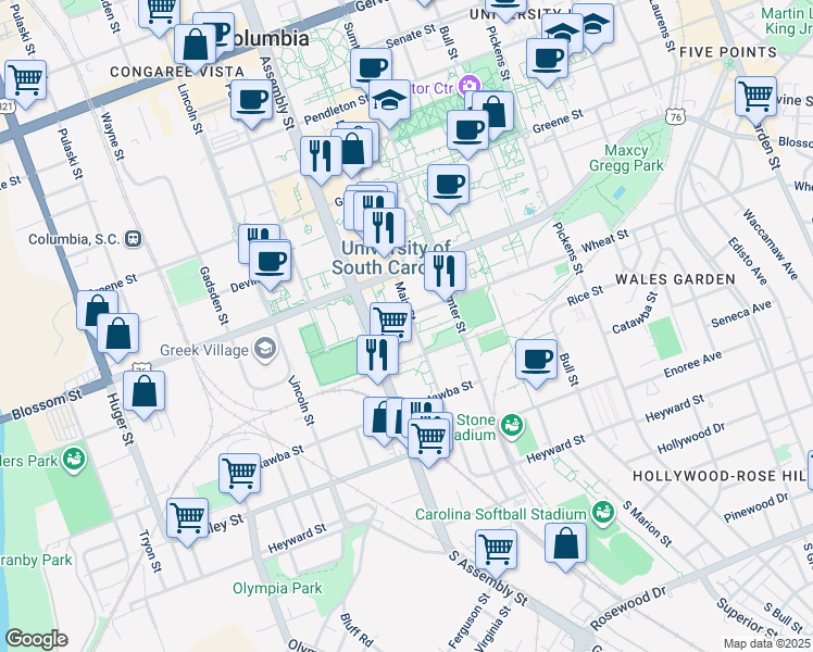 map of restaurants, bars, coffee shops, grocery stores, and more near 1100 Wheat Street in Columbia