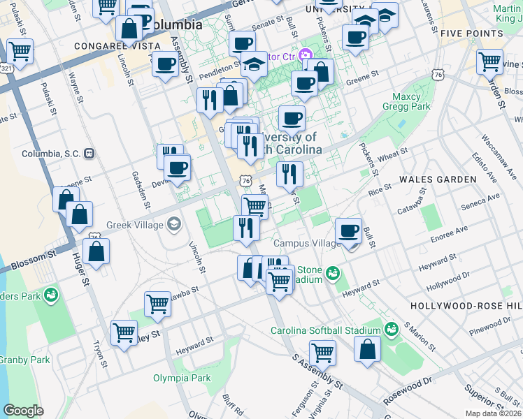 map of restaurants, bars, coffee shops, grocery stores, and more near 1100 Wheat Street in Columbia