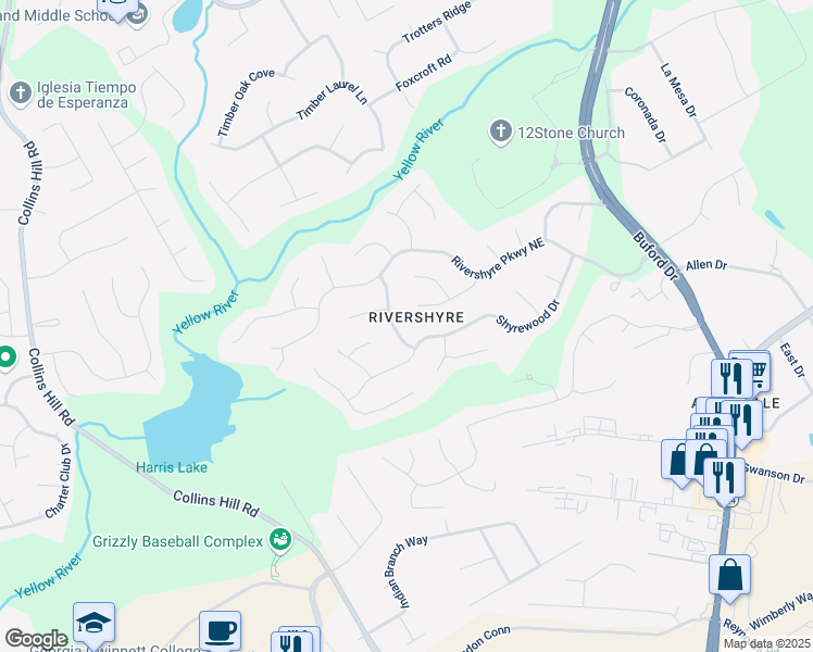 map of restaurants, bars, coffee shops, grocery stores, and more near 1225 Creek Laurel Drive in Lawrenceville