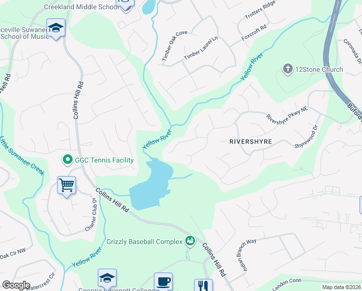 map of restaurants, bars, coffee shops, grocery stores, and more near 85 Rivershyre Circle in Lawrenceville