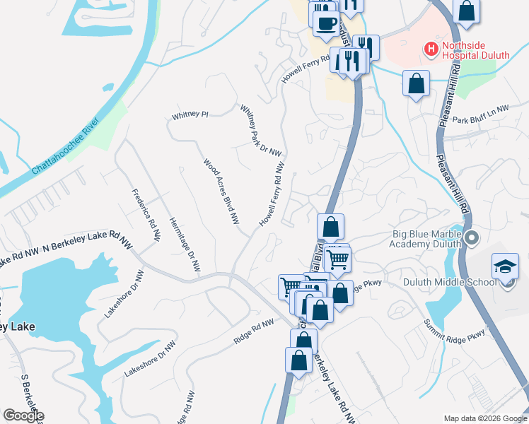 map of restaurants, bars, coffee shops, grocery stores, and more near 4086 Howell Ferry Road Northwest in Duluth