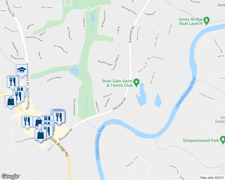map of restaurants, bars, coffee shops, grocery stores, and more near 1 Spoon Court in Alpharetta