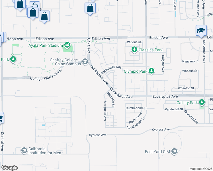 map of restaurants, bars, coffee shops, grocery stores, and more near 6031 Eucalyptus Avenue in Chino