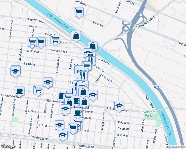 map of restaurants, bars, coffee shops, grocery stores, and more near 4539 East 53rd Street in Maywood