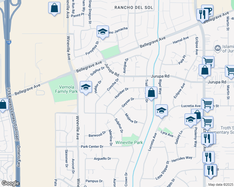 map of restaurants, bars, coffee shops, grocery stores, and more near 11545 Humber Drive in Jurupa Valley