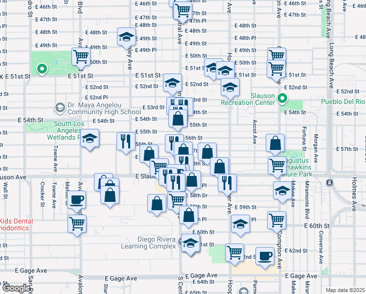 map of restaurants, bars, coffee shops, grocery stores, and more near 1131 East 57th Street in Los Angeles