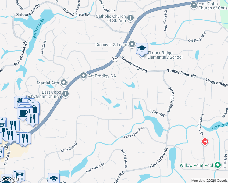 map of restaurants, bars, coffee shops, grocery stores, and more near 4809 Old Timber Ridge Road in Marietta