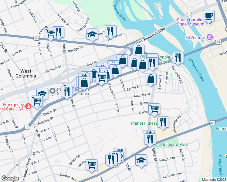 map of restaurants, bars, coffee shops, grocery stores, and more near 215 South Lucas Street in West Columbia