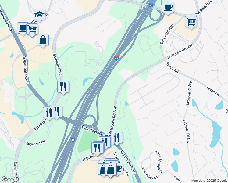 map of restaurants, bars, coffee shops, grocery stores, and more near 1755 North Brown Road in Lawrenceville