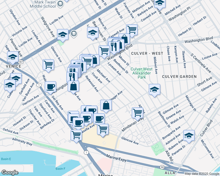 map of restaurants, bars, coffee shops, grocery stores, and more near 4124 Tivoli Avenue in Los Angeles