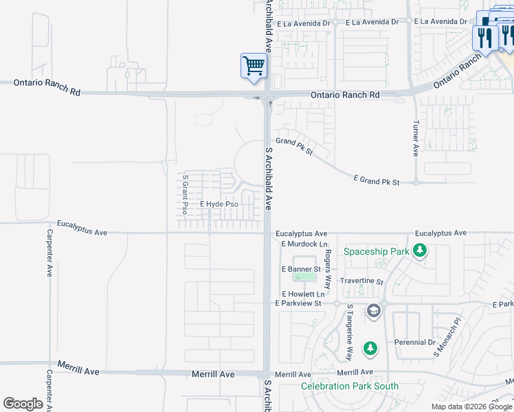 map of restaurants, bars, coffee shops, grocery stores, and more near 4511 South Patterson Paseo in Ontario