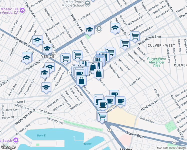 map of restaurants, bars, coffee shops, grocery stores, and more near 4040 Glencoe Avenue in Marina del Rey