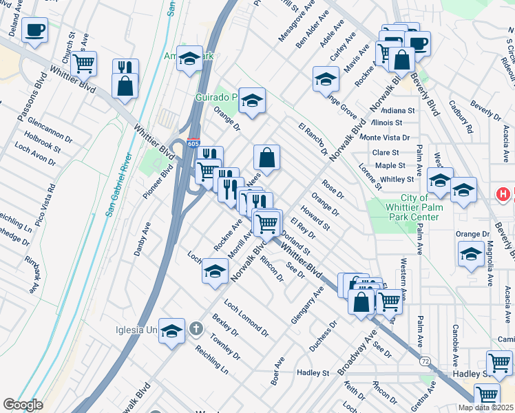 map of restaurants, bars, coffee shops, grocery stores, and more near 5938 Rockne Avenue in Whittier