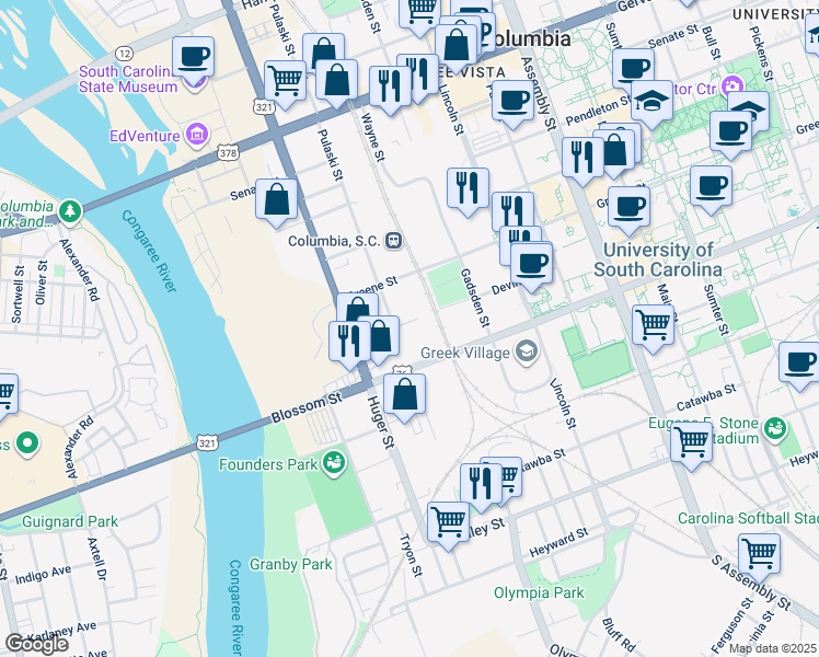 map of restaurants, bars, coffee shops, grocery stores, and more near 617 Devine Street in Columbia