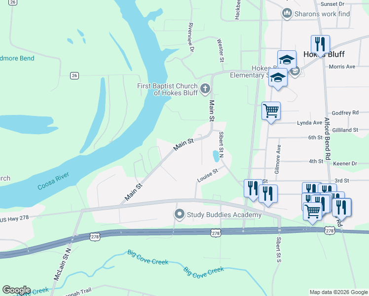 map of restaurants, bars, coffee shops, grocery stores, and more near 4895 Main Street in Gadsden
