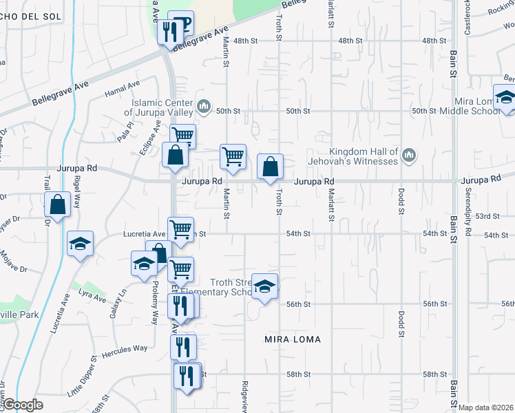 map of restaurants, bars, coffee shops, grocery stores, and more near 5297 Troth Street in Jurupa Valley