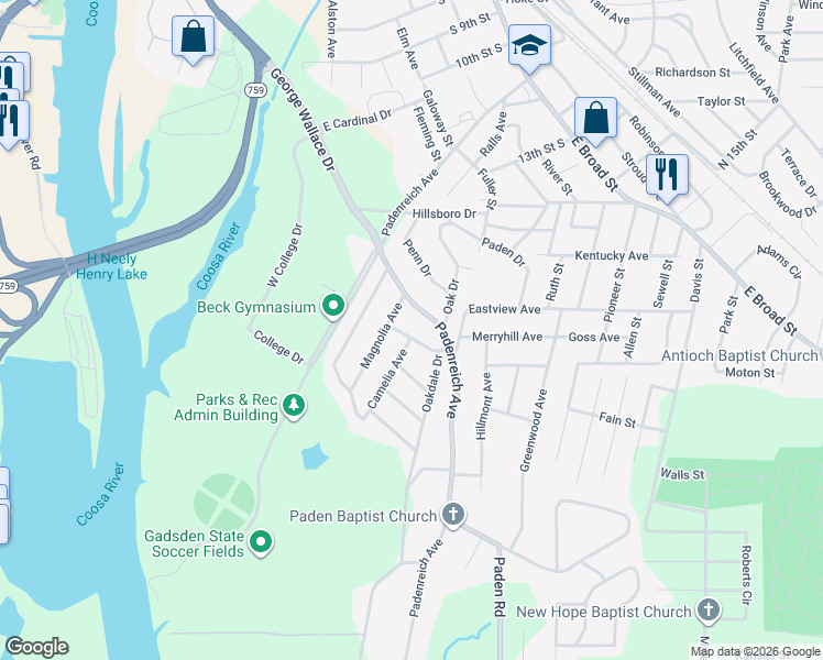 map of restaurants, bars, coffee shops, grocery stores, and more near 109 Arcade Street in Gadsden