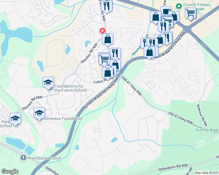 map of restaurants, bars, coffee shops, grocery stores, and more near Ernest W Barrett Parkway Northwest in Cobb County