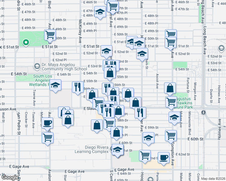 map of restaurants, bars, coffee shops, grocery stores, and more near 5630 South Central Avenue in Los Angeles