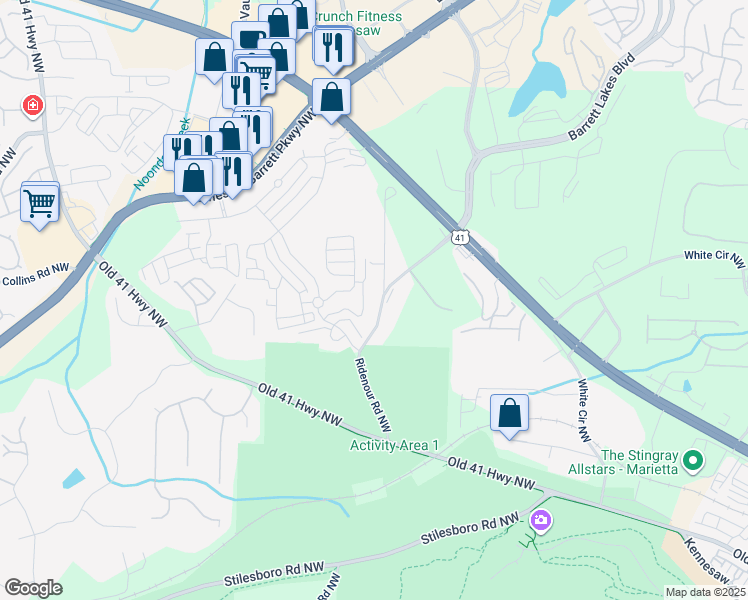 map of restaurants, bars, coffee shops, grocery stores, and more near 1601 Greers Chapel Road Northwest in Kennesaw