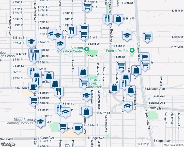 map of restaurants, bars, coffee shops, grocery stores, and more near 1535 East 57th Street in Los Angeles